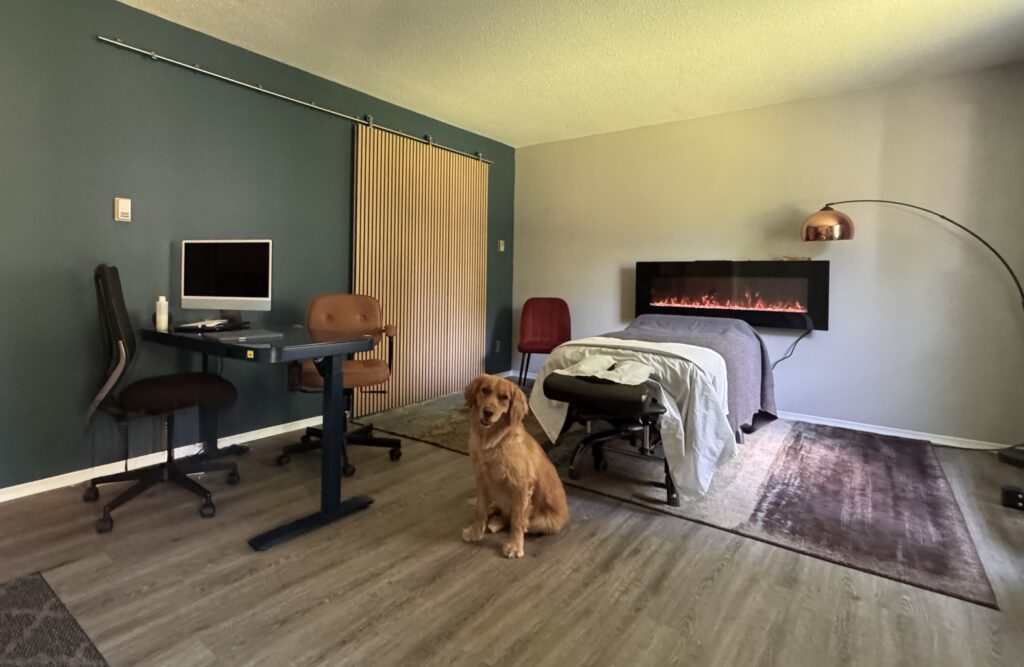 Bruno Panucci RMT treatment room in Brantford, with his dog