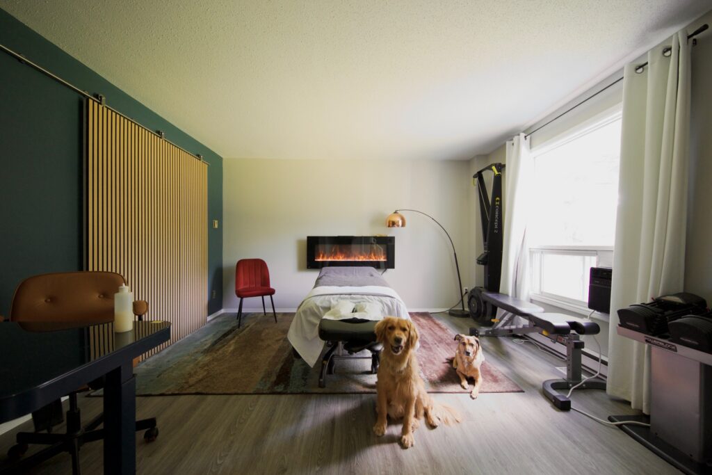 Bruno Panucci RMT private treatment room in Brantford, with his two dogs