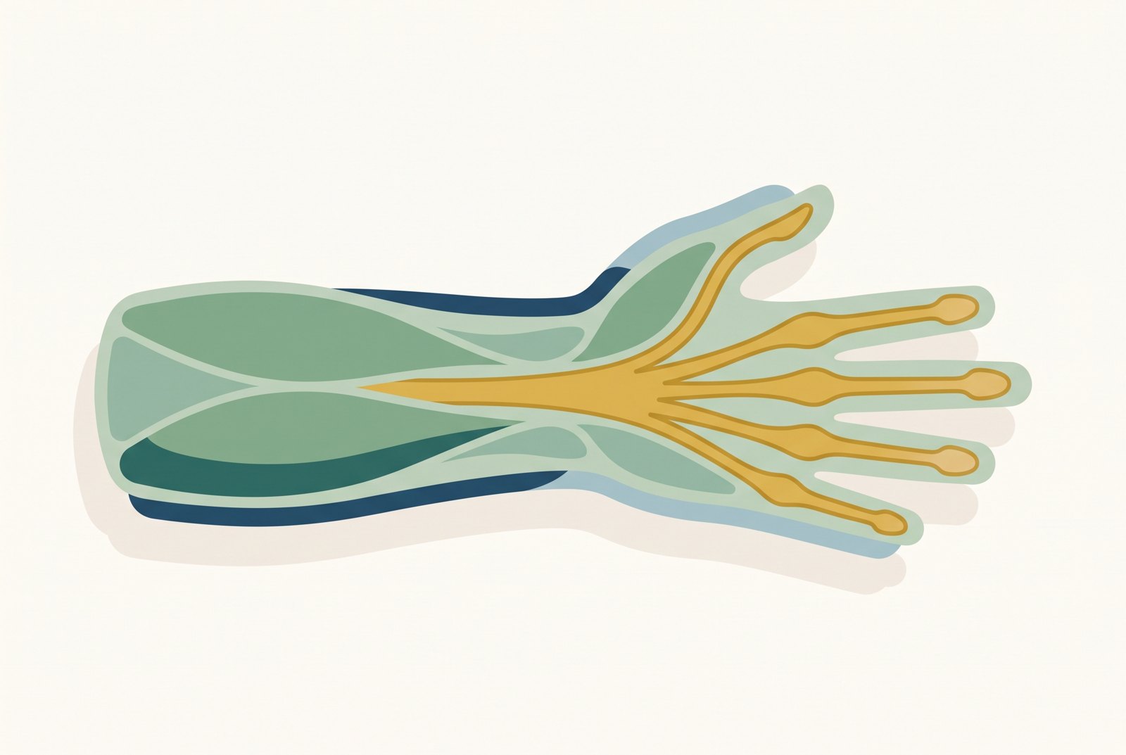 Illustration of forearm muscles and the tendons running through the wrist into the fingers