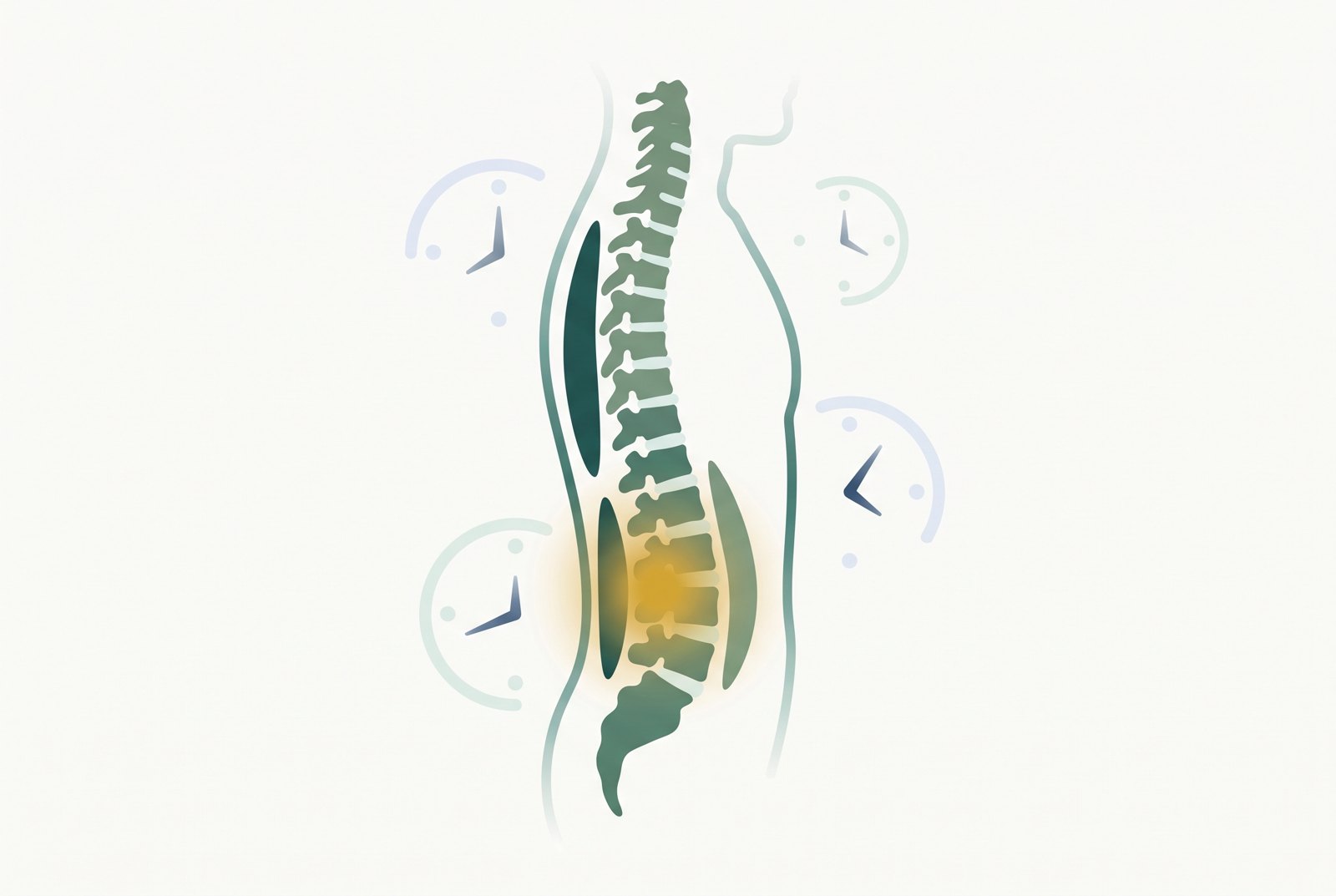 Illustration of the spine with the low back highlighted after long shifts