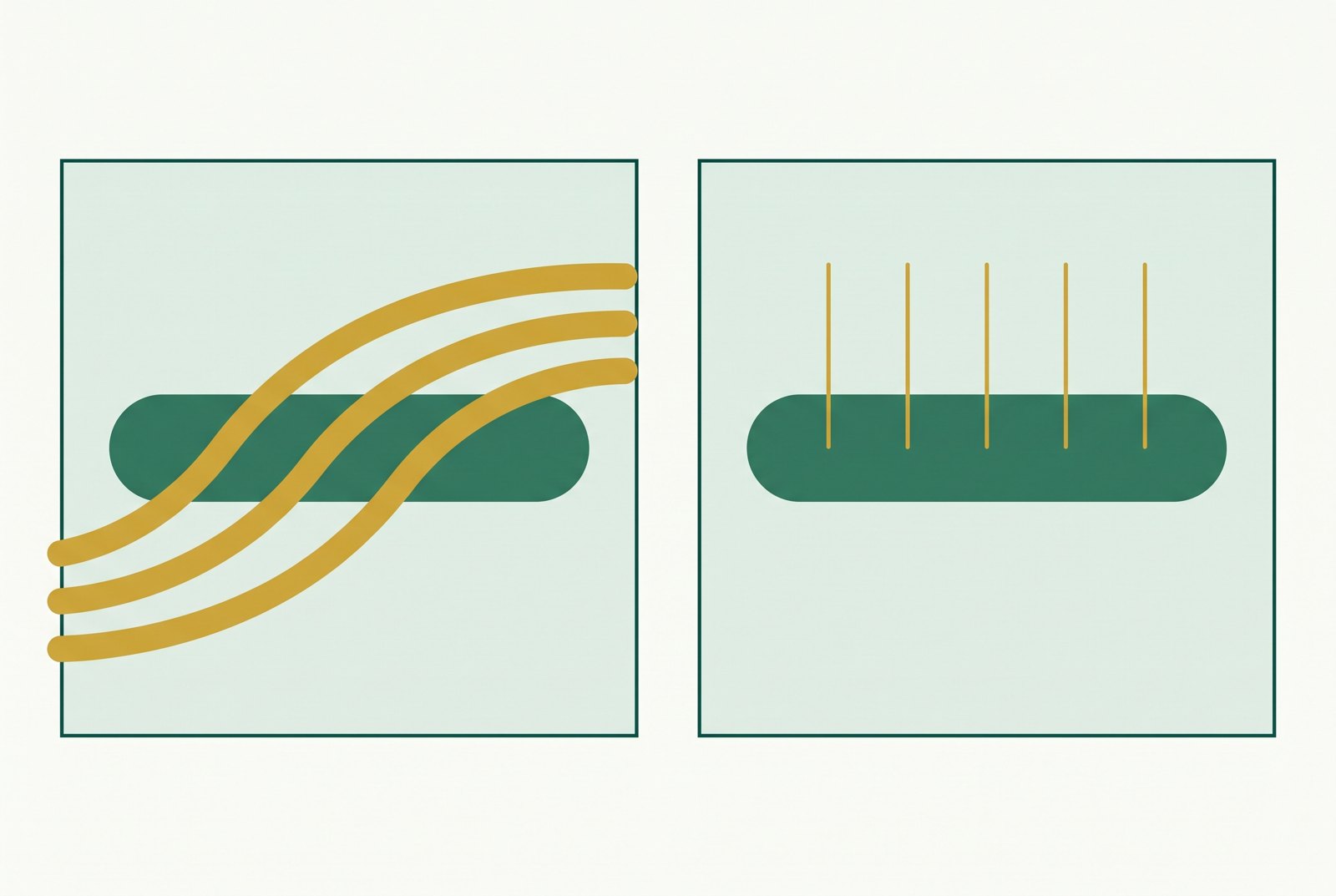 Illustration comparing broad hands-on pressure with fine needle points