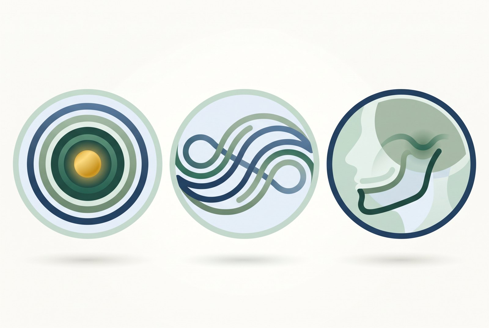Illustration of three abstract emblems representing different hands-on approaches