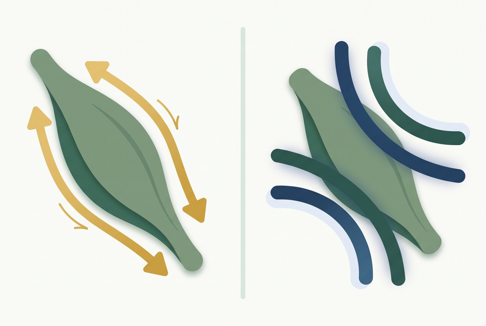 Illustration comparing lengthening a muscle with applying pressure across it