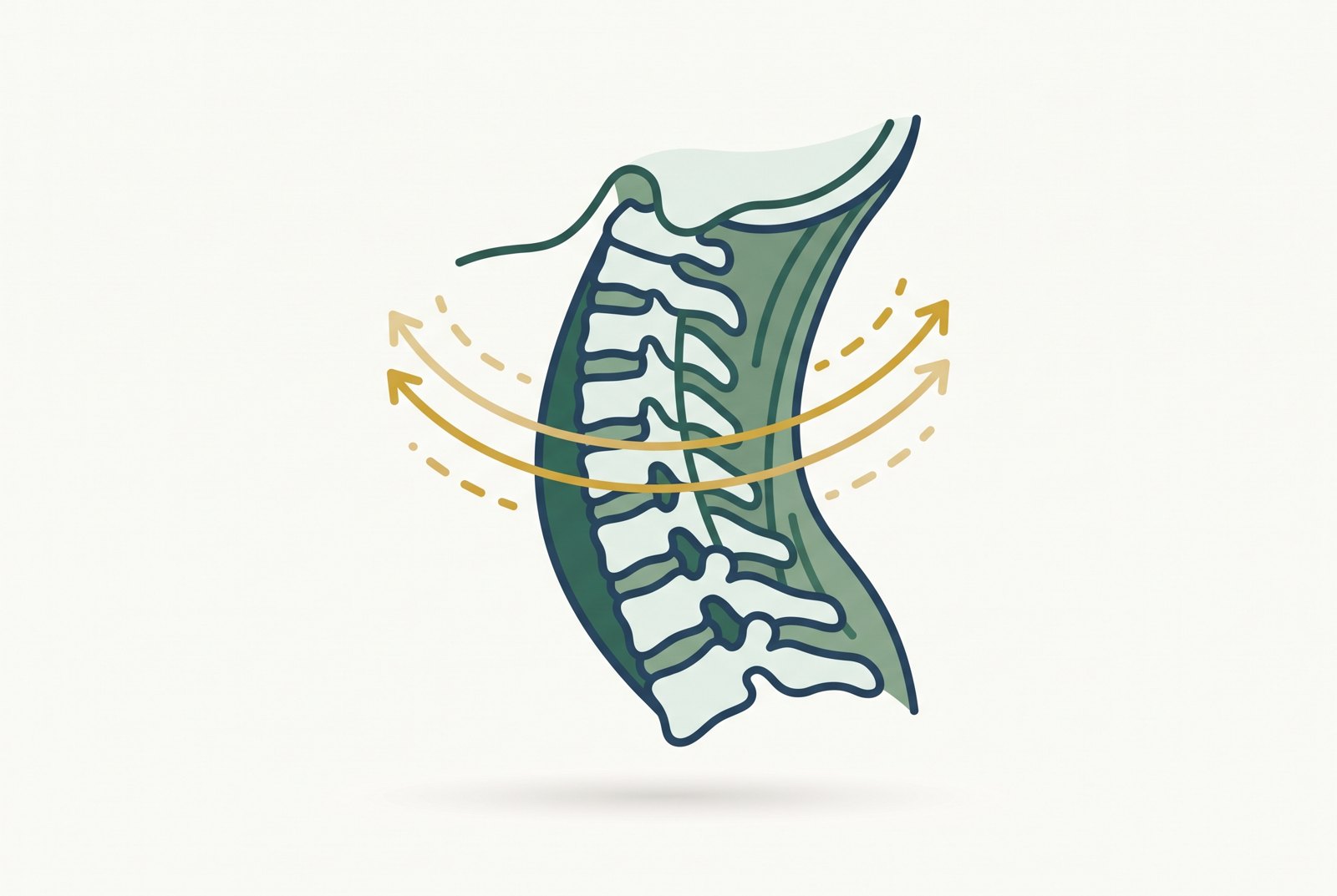 Illustration of the neck vertebrae and the rapid back-and-forth motion of whiplash